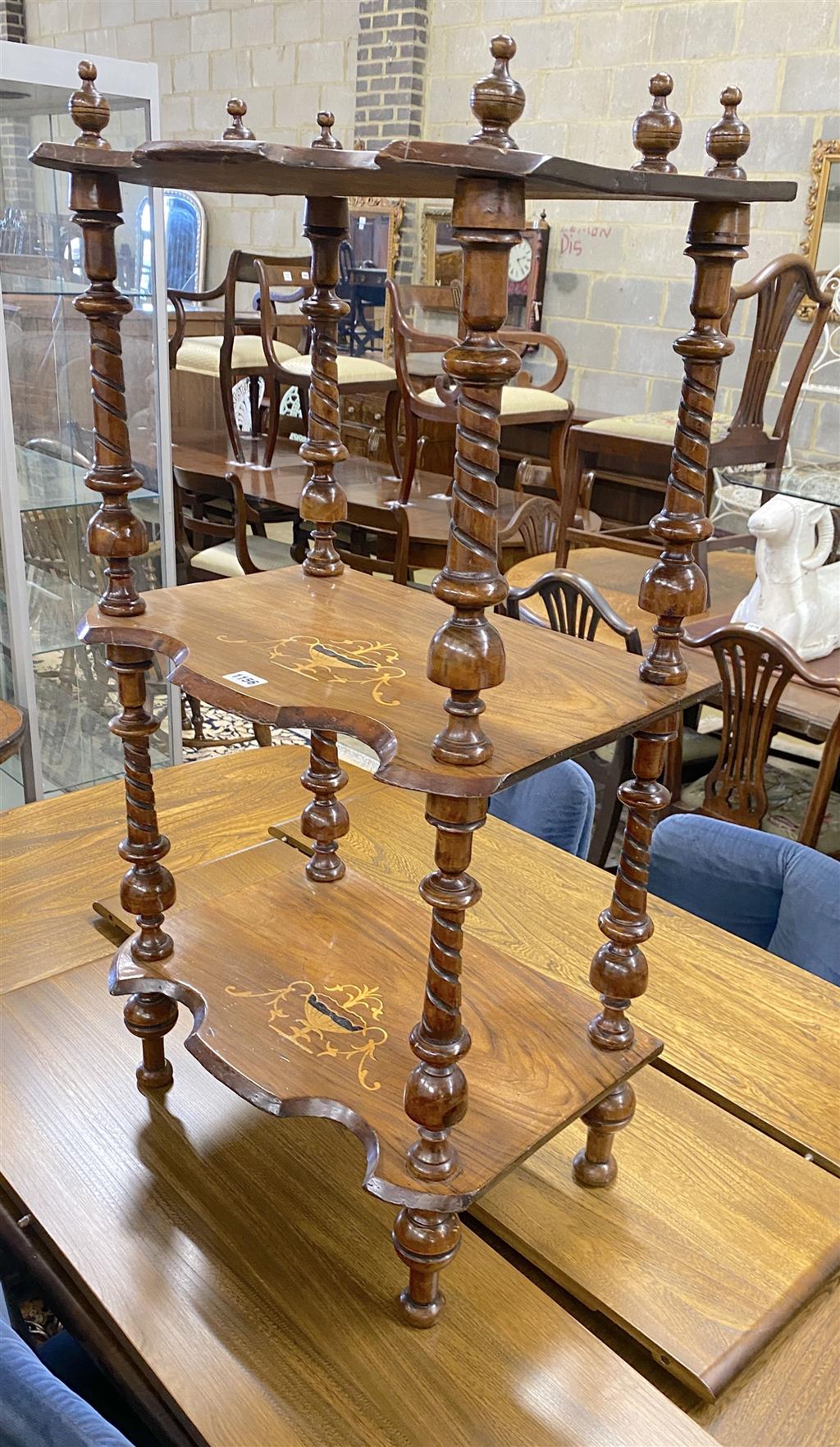 A Victorian marquetry inlaid walnut three tier whatnot, width 50cm, depth 34cm, height 97cm